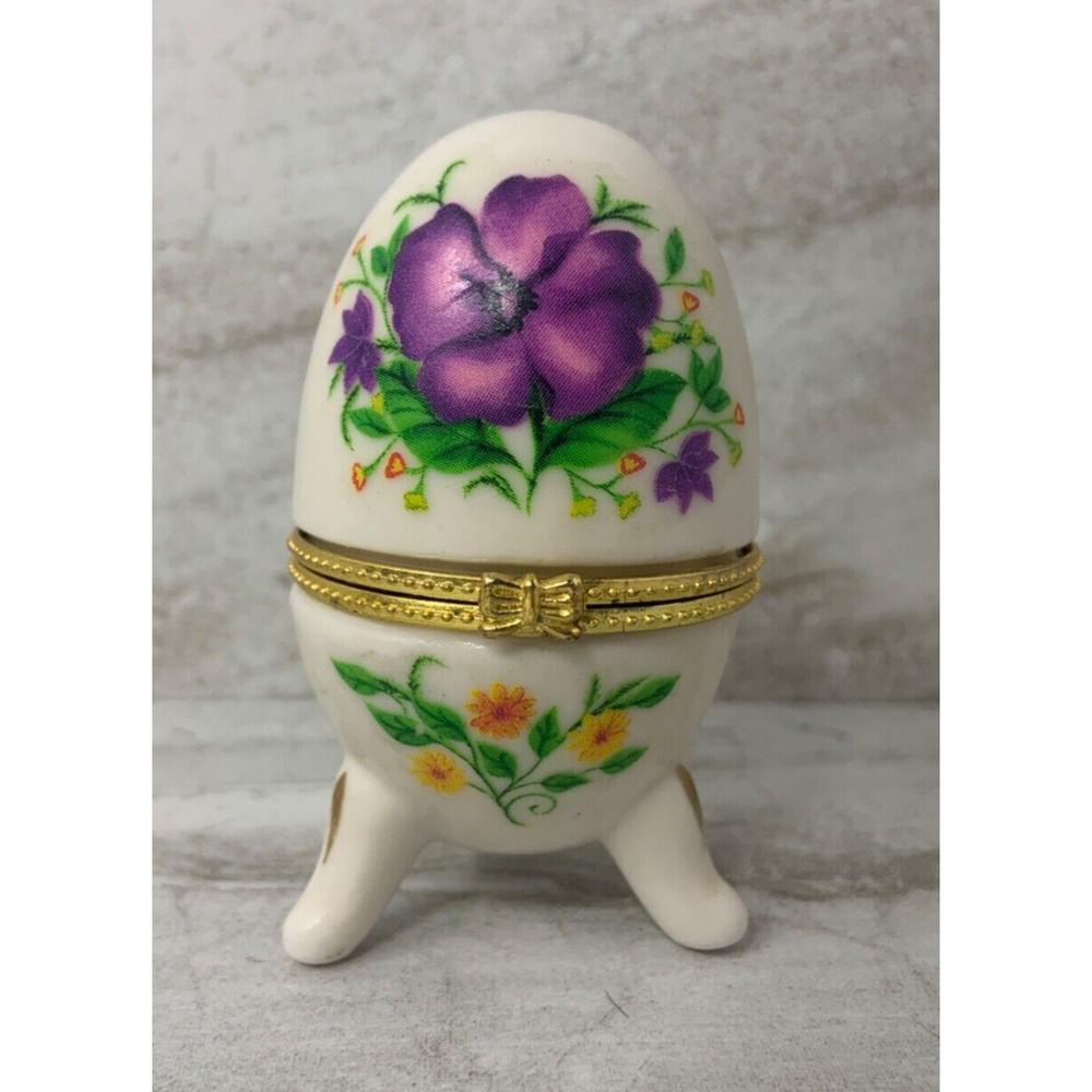 Beautiful Porcelain Flower Patterned Egg Hinged Trinket Box - 3"